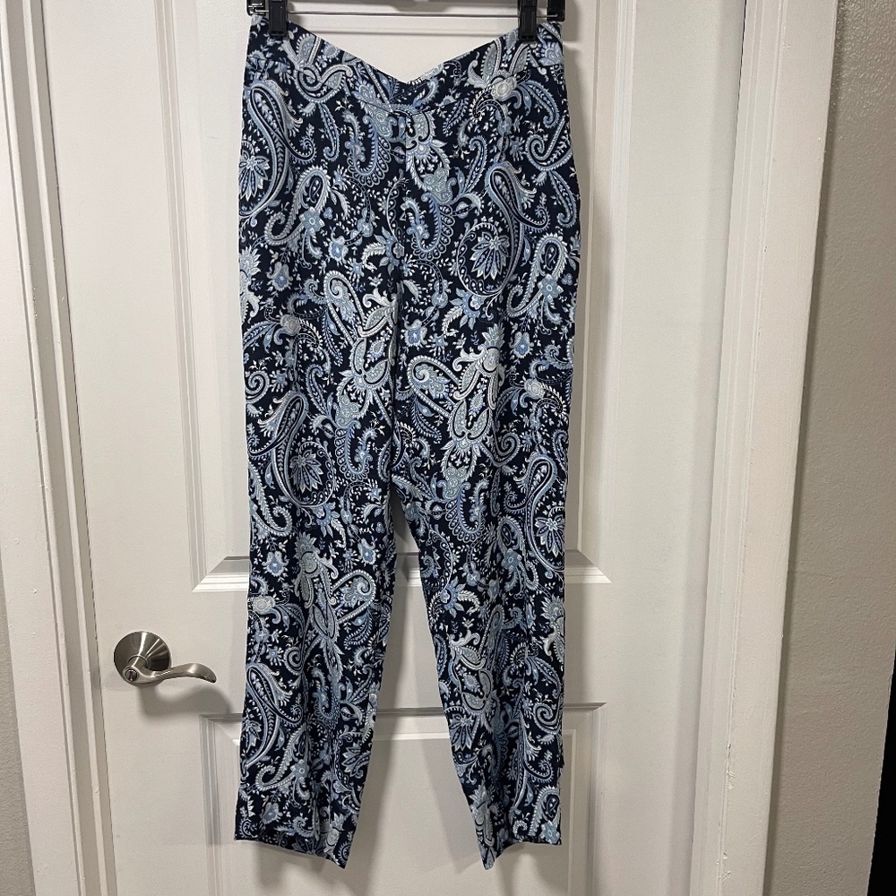 $100+NEW Ann Taylor High Rise Straight Leg Ankle Blue Paisley Rayon Pants Sz 6P